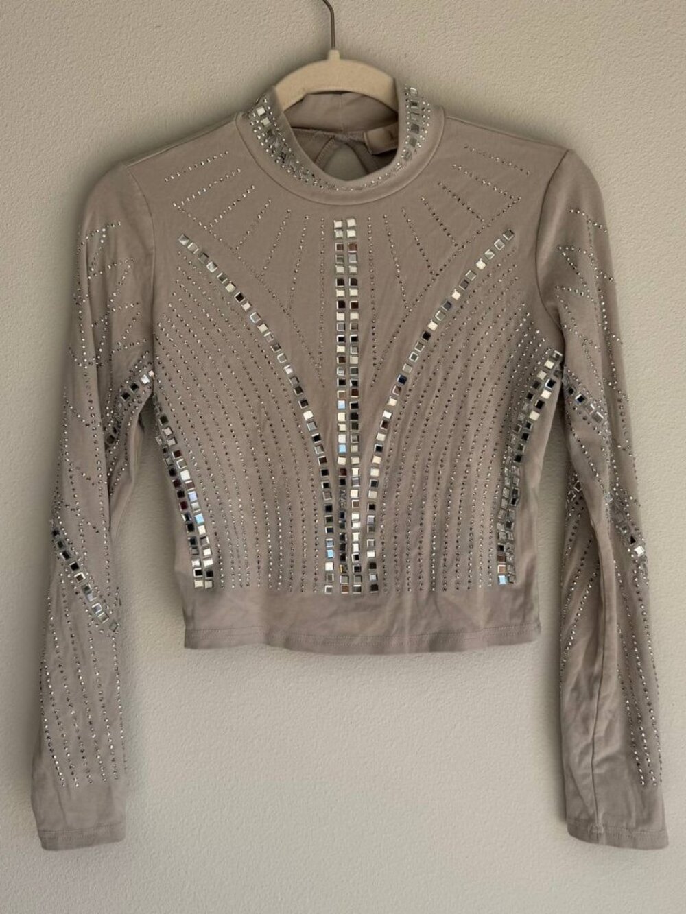 Lizette Collection Nude Beige Rhinestone Crop Top Long Sleeve Size L Glam